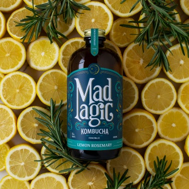 Mad Magic bottle with matching background 